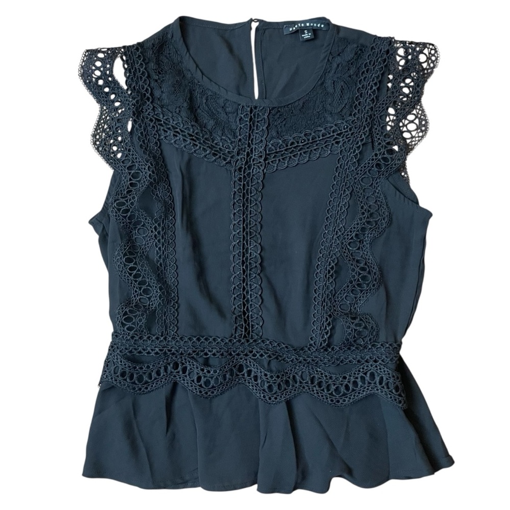 Haute Monde Black Flare Fit Lace‎ Crochet Embroidered Peplum Blouse - Picture 7 of 11